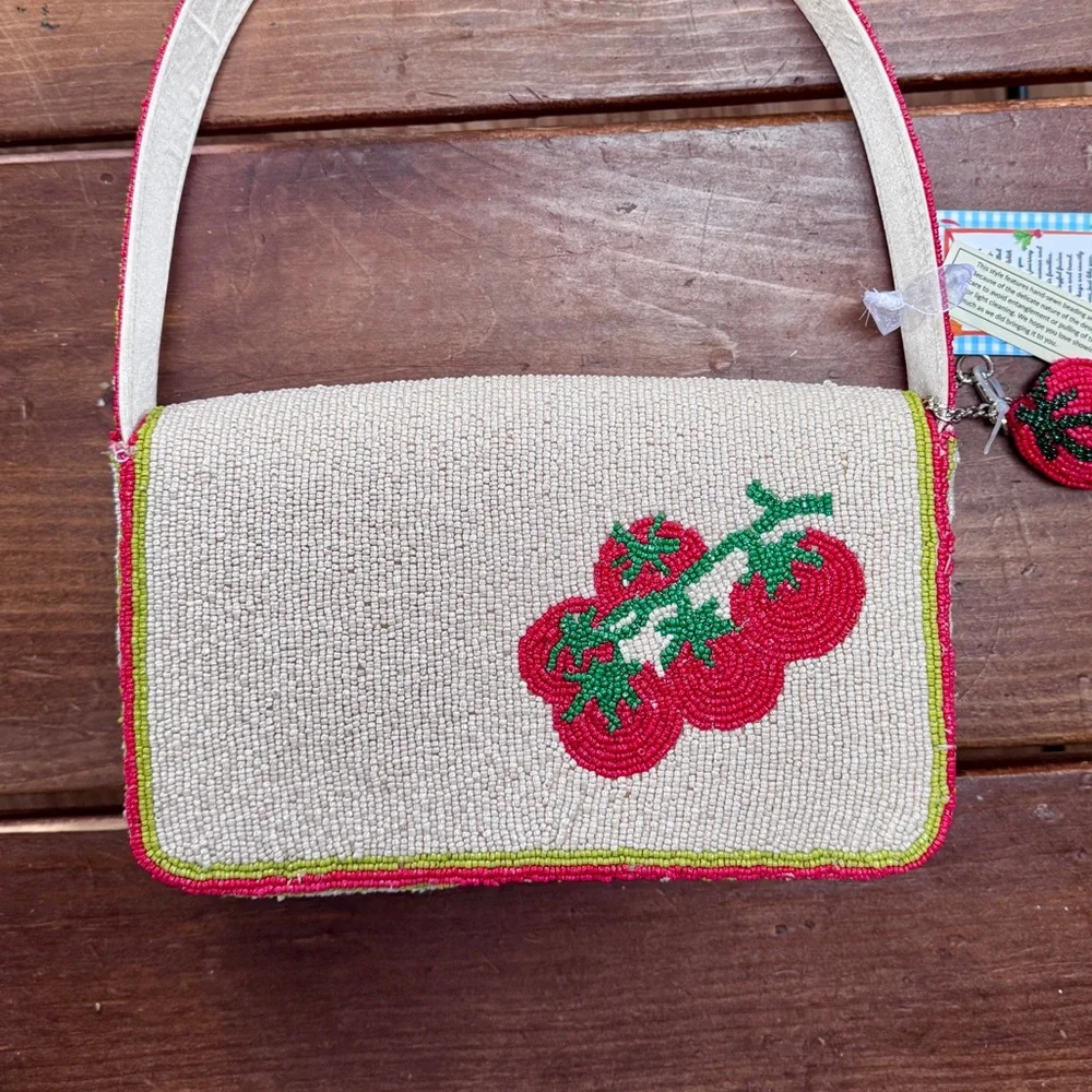 Heirloom Tomato Beaded Shoulder Bag - Cream with Tomato Bag Charm - Picture 11 of 13